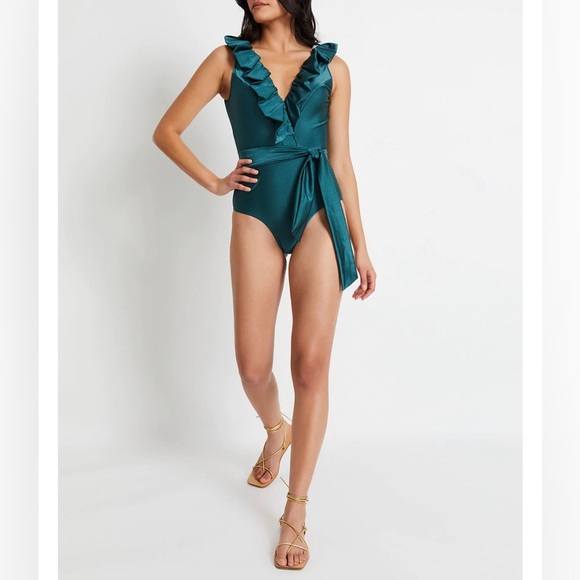 NWT $350 PatBO Plunge Ruffle One-Piece Swimsuit in Palace Green Size Small - Picture 2 of 12
